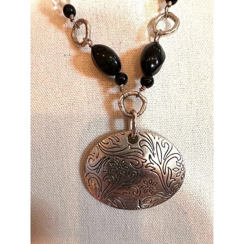 Lia Sophia OUTLAW Necklace Boho Silver Black Bead Floral Scroll Metal Pendant